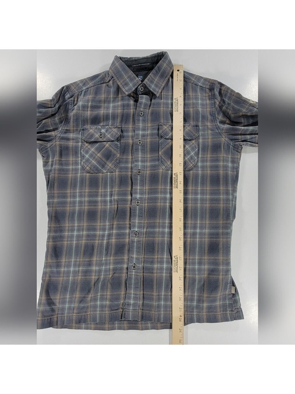 Kuhl Dillingr Flannel Shirt Men Medium Plaid Pockets Long Sleeve Gray Turquoise - Picture 10 of 13